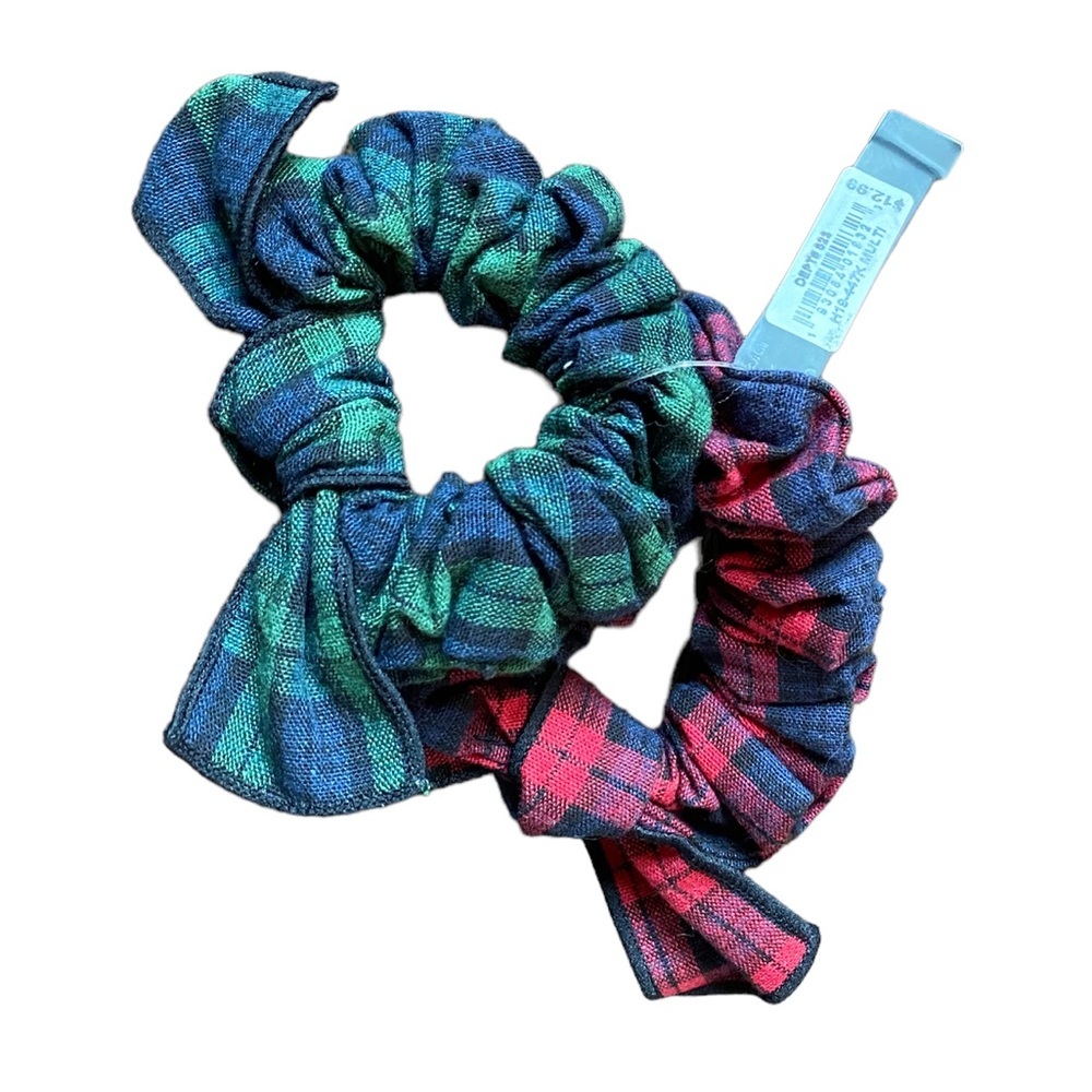 {Aqua) 2pc. Bow hair scrunchie in plaid - Picture 2 of 3